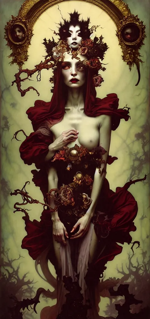 Image similar to baroque oil painting of full body vampire princess portrait, by nekro, peter mohrbacher, alphonse mucha, brian froud, yoshitaka amano, kim keever, victo ngai, james jean