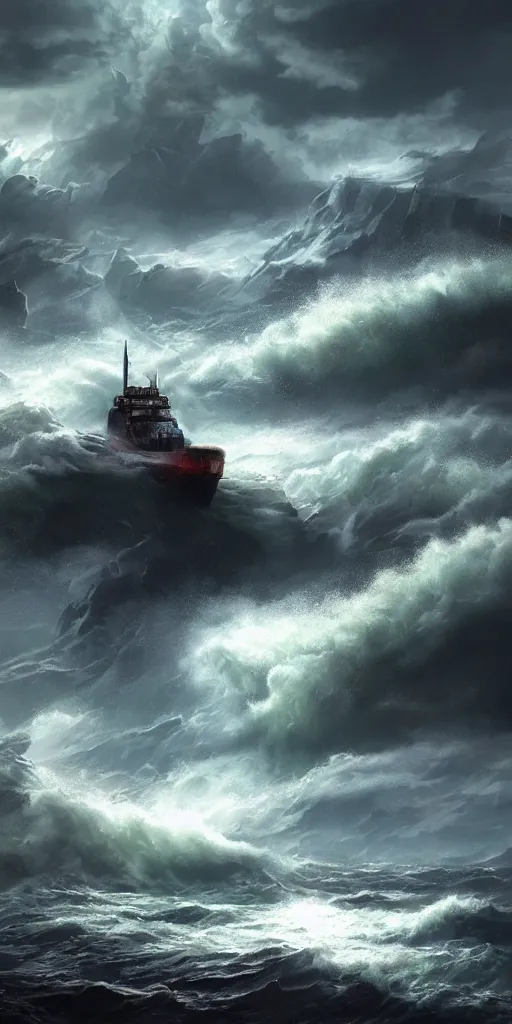 Prompt: scifi barge in turbulent waters in rocky coast, storm in the background, hyper realistic, highly detailed, digital art, apocalyptic, intimidating lighting, raytracing, sharp focus, smooth, romanticism