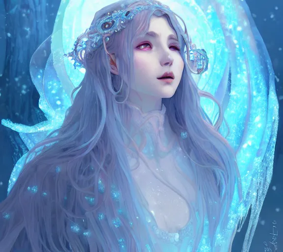 Image similar to beautiful ancient frost witch, blue fire in eye, snow glow, pool party, highly detailed, digital painting, artstation, sharp focus, illustration, art by tan zi and ayanamikodon and alphonse mucha and wlop!