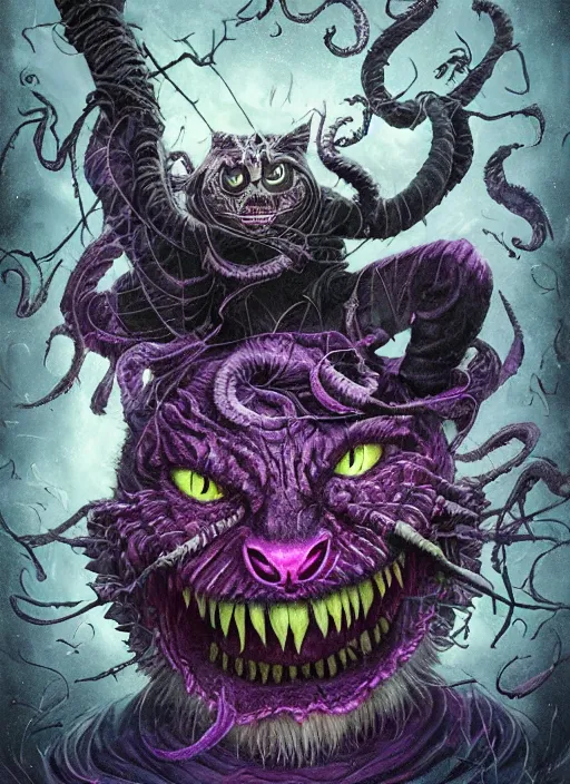 Prompt: cheshire cat, call of cthulhu, half skull half face, highly detailed, cinematic, 8 k, by megan duncanson, benjamin lacombe, adrian borda, stanley artgermm, tom bagshaw, craig mullins, carne griffiths, ayami kojima, beksinski, giger, trending on deviantart, hyper detailed, horror, full of colour