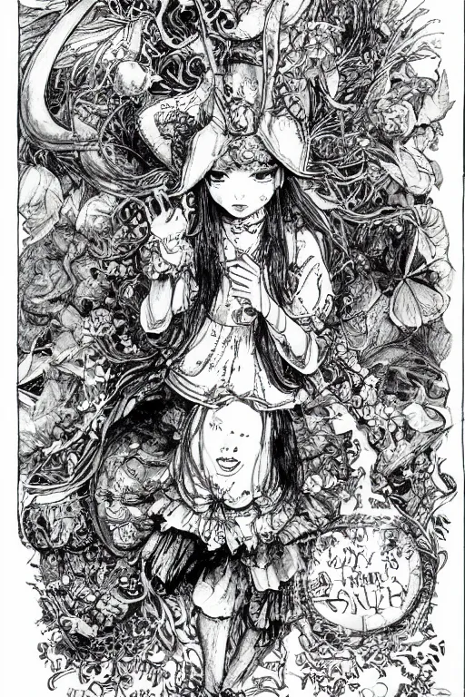 Image similar to happy Alice in wonderland tarot card , pen and ink, intricate line drawings, by Yoshitaka Amano, Ruan Jia, Kentaro Miura, Artgerm, watercolor