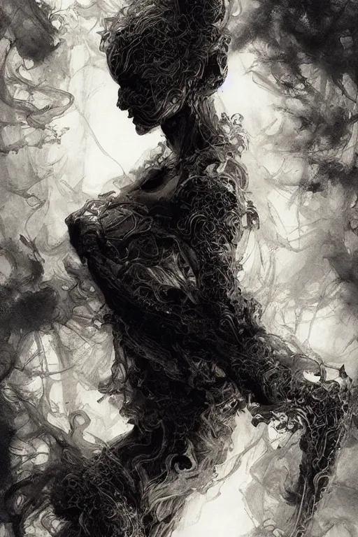 Image similar to portrait of a demon void woman sensual surrounded by smoke fumes, pen and ink, intricate line drawings, by craig mullins, ruan jia, kentaro miura, greg rutkowski