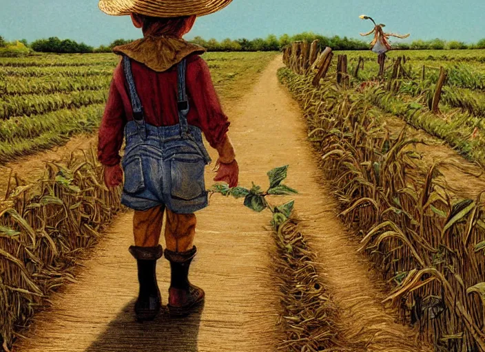 Prompt: a cute young scarecrow with a straw hat in overalls walking on a dirt road next to a large corn field, children's book by tom lovell, ross tran, terry redlin, jean baptiste monge, beatrix potter