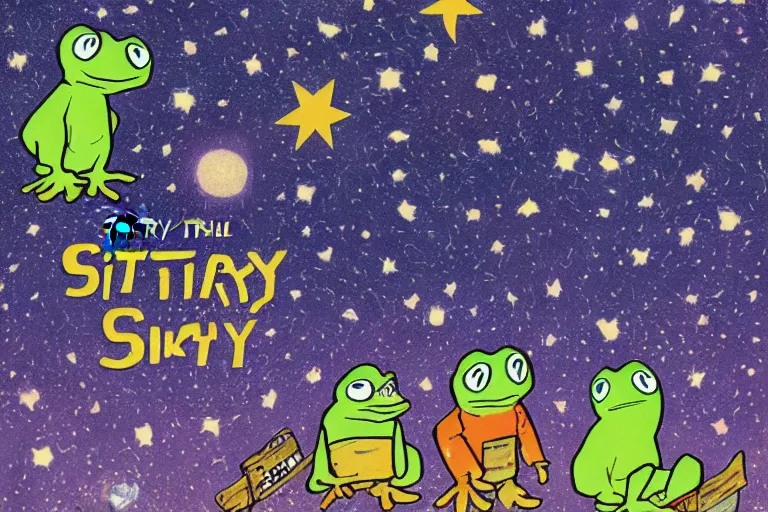 Image similar to night starry sky full of pepe the frog, by lous wain and and fernand toussaint