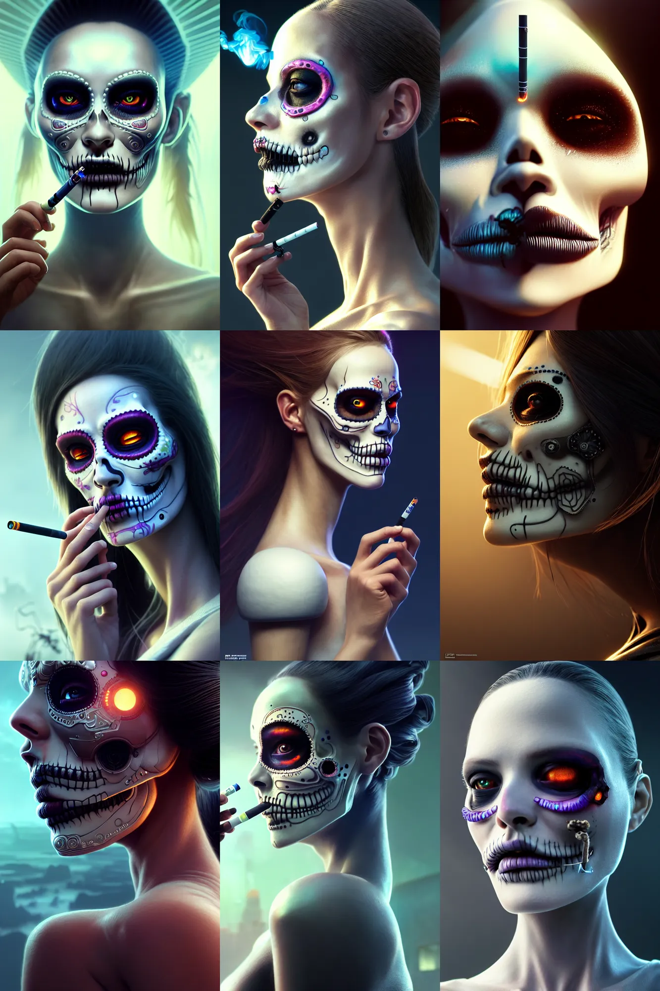 Prompt: ultra detailed side portrait of female android, cigarette in hand, smoke, sharp focus, sci - fi, fantasy art, digital illustration, dia de los muertos. octane render, unreal engine, global illumination, intricate detailed. concept art. art by artgerm and wlop and giger and greg rutkowski and rossdraws and alphonse mucha, 8 k