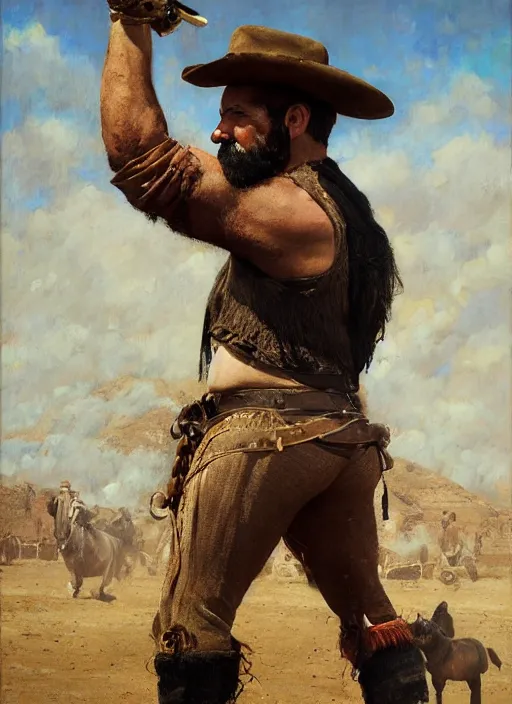 Image similar to Old west circus strongman (rdr2). Iranian orientalist portrait by john william waterhouse and Edwin Longsden Long and Theodore Ralli and Nasreddine Dinet, oil on canvas. Cinematic, hyper realism, realistic proportions, dramatic lighting, high detail 4k