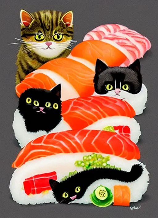 Image similar to clear photorealistic picture of adorable cats made out of sushi