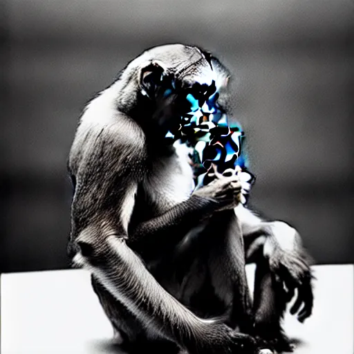 Prompt: black and white portrait photo of a monkey eating a chess piece by annie liebovitz,