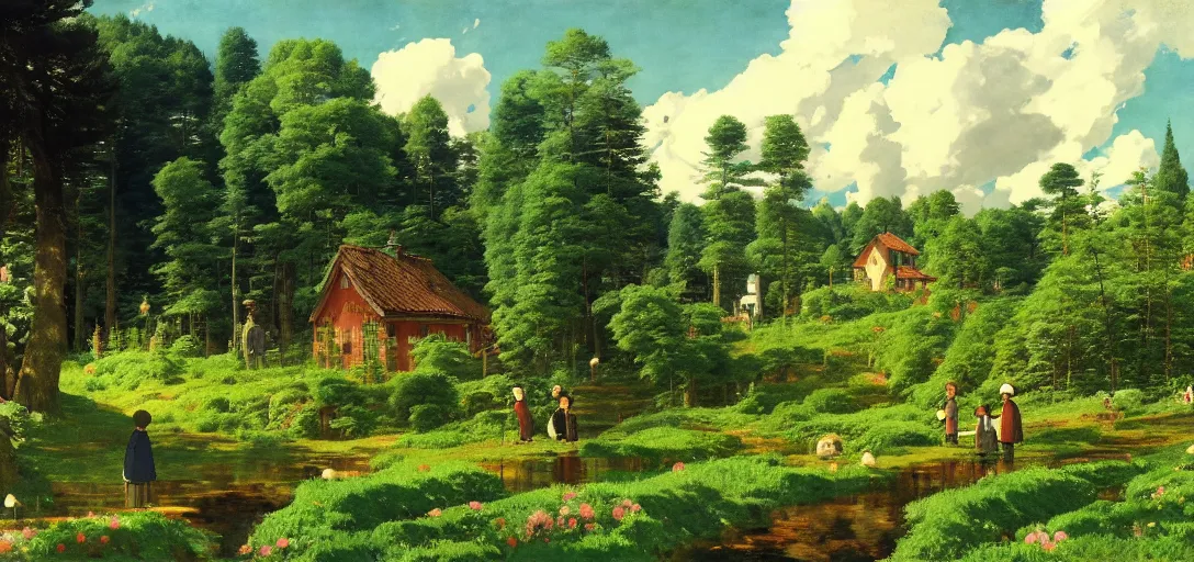 Prompt: ghibli illustrated background of strikingly beautiful swedish farm, the feales and forests in the background by vasily polenov, eugene von guerard, ivan shishkin, albert edelfelt, john singer sargent, albert bierstadt 4 k