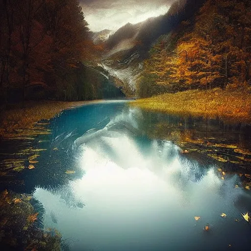 Prompt: photo of a beautiful river landscape by michal karcz., taken by a disposable camera