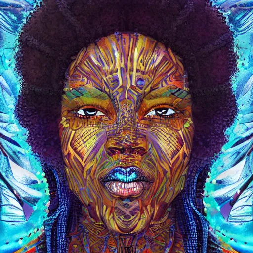 Image similar to a a portrait of an afro futuristic shaman with patterns by android jones