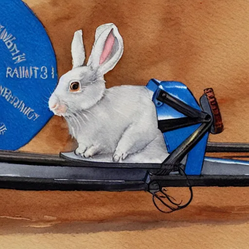 Image similar to a rabbit using a rowing machine, realistic watercolour