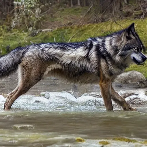 Image similar to A majestic and beautiful wild wolf out by a river with its head down taking a drink from the stream while it's ears are up and alert listening for danger with trees behind it, set in warm spring where it is sunny and windy, award winning, hyper realistic, 8k, photo