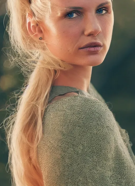 Image similar to vintage photograph of an olive skinned blonde female model in her early thirties, her hair pinned up, wearing a designer top, looking content, focused on her neck, facing the camera, photo realistic, extreme detail skin, natural beauty, no filter, slr, golden hour, 4 k, high definition, selfie