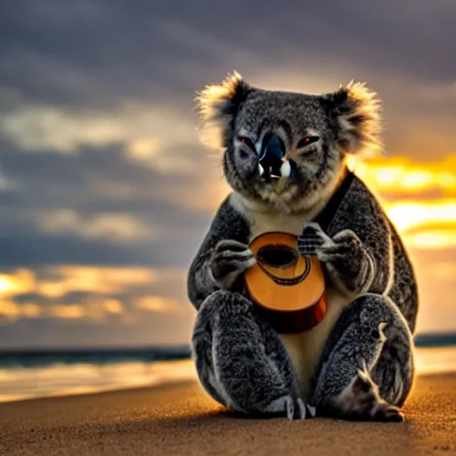 Image similar to A Koala playing the Ukulele on a beach at sunset. 50mm lens, f1.8