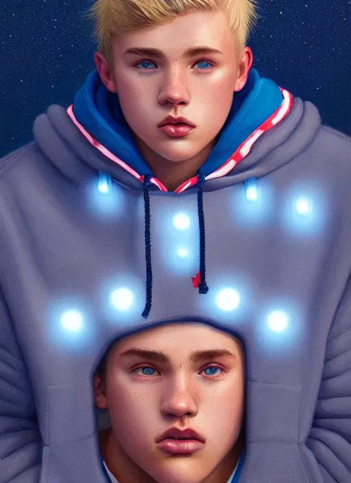 Image similar to portrait of high school senior boy named big moose, blonde short hair, jock, beefy, wide face, square jaw, square facial structure, blue varsity jacket with his name, intricate, elegant, glowing lights, highly detailed, digital painting, artstation, concept art, sharp focus, illustration, art by wlop, mars ravelo and greg rutkowski