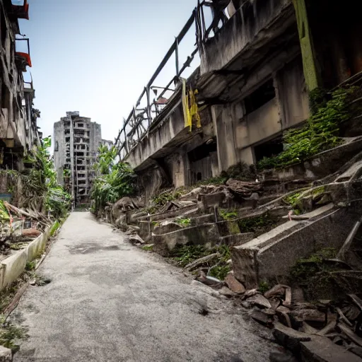 Image similar to View through the streets and upwards of Hashima gradually returning to nature