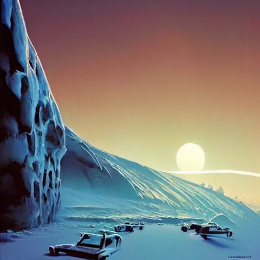 Image similar to Frozen frontiers on an alien planet, floating mountains above clouds in the background, vanishing perspective of a road, ravine, Syd Mead, John Harris, Federico Pelat,