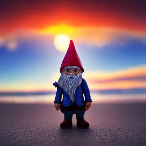 Image similar to cinematic front-view shot of a cute gnome standing on the beach during a sunset, 8k, dslr, highly intricate, highly detailed,