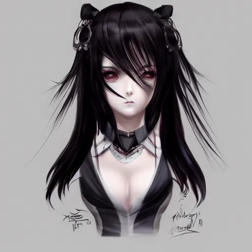 Image similar to front-facing headshot of a young gothic anime woman with black hair and golden highlights, wearing pretty makeup, drawn by WLOP, by Avetetsuya Studios, anime drawing, trending on artstation