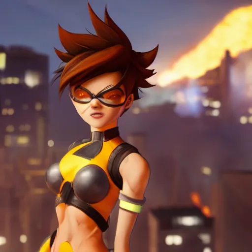 Prompt: tracer, standing on rooftop, 4 k, detailed, smiling at camera, detailed eyes, confident stance, detailed face, feminine face, burning exploding city in background