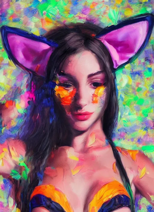 Prompt: girl with cat ears at a rave, realistic bikini, expressive oil painting, abstract art, trending on artstation, psychedelic, portrait