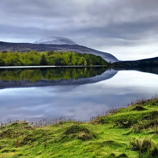 Prompt: a cinematic shot of an old blue rowing boat at the side of a still loch with the reflection of the trees and high scottish mountains visible reflecting in the water and a large house barely visible in the distance on the opposite side of the water through a gap in the trees