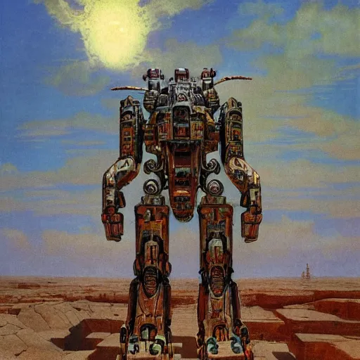 Image similar to mayan mecha in mesa landscape by j. c. leyendecker, bosch, and beksinski