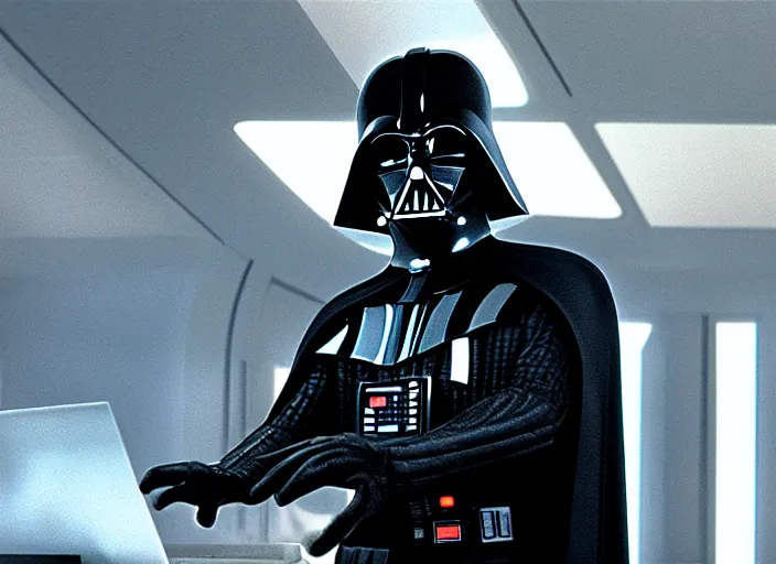 Image similar to film still of Darth Vader working in and office at a computer bored in the new Star Wars movie, 4k