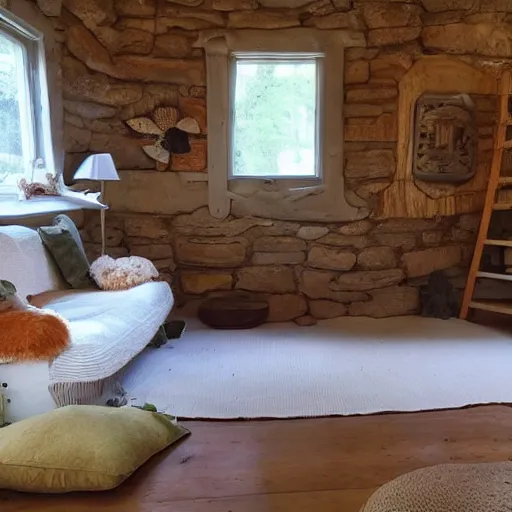Prompt: photo of interior of cozy mushroom themed cottage