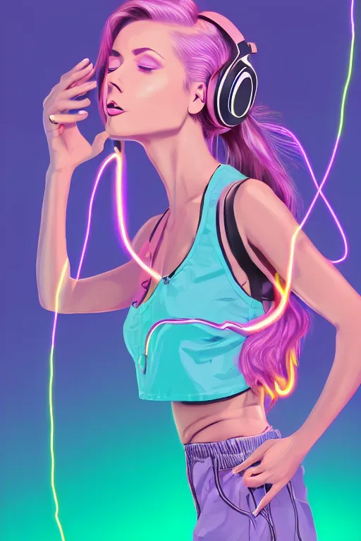 Prompt: a award winning half body portrait of a beautiful woman with stunning eyes in a croptop and cargo pants with ombre purple pink teal hairstyle dancing while listening to music with headphones on her ears by thomas danthony, surrounded by whirling illuminated lines, outrun, vaporware, shaded flat illustration, digital art, trending on artstation, highly detailed, fine detail, intricate