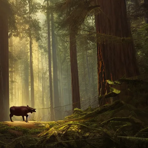 Image similar to minotaur in a redwood forest, sunlit, octane render, matte, greg rutkowski, highly detailed, hdr