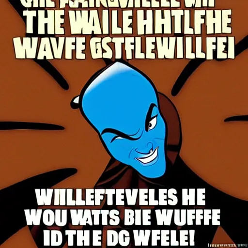 Image similar to the genie from aladdin hates waffles, he hates waffles so much, he wants to destroy any waffle he sees. the genie from aladdin sees some waffles right now