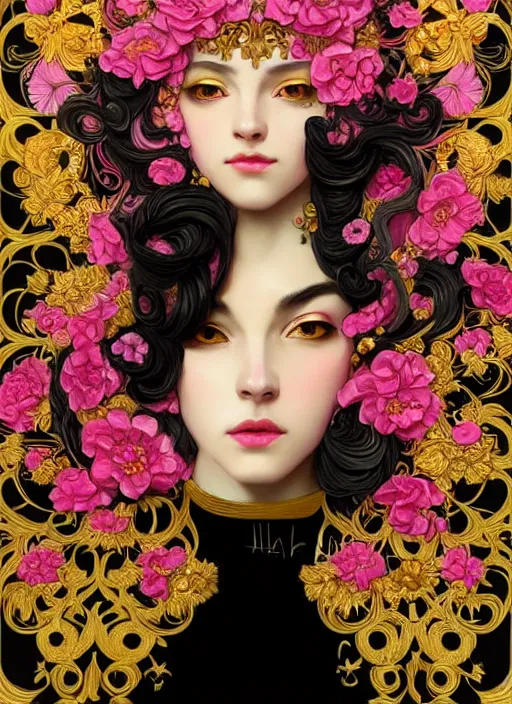 Prompt: beautiful black pink yellow, complicated gold and pink flowers in baroque style headwears, dark fantasy, intricate, elegant, highly detailed, digital painting, artstation, highly saturated colors, concept art, matte, 3 d 8 k octane rendered, sharp focus, illustration, octane rendered, art by artgerm and alphonse mucha, leesha hannigan