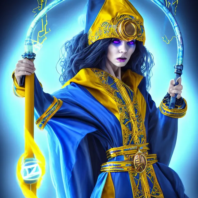 Image similar to beautiful elemental electric witch with ornate blue andyellow robes and staff, highly detailed, 4 k, hdr, smooth, sharp focus, high resolution, award - winning photo, artgerm, photorealistic