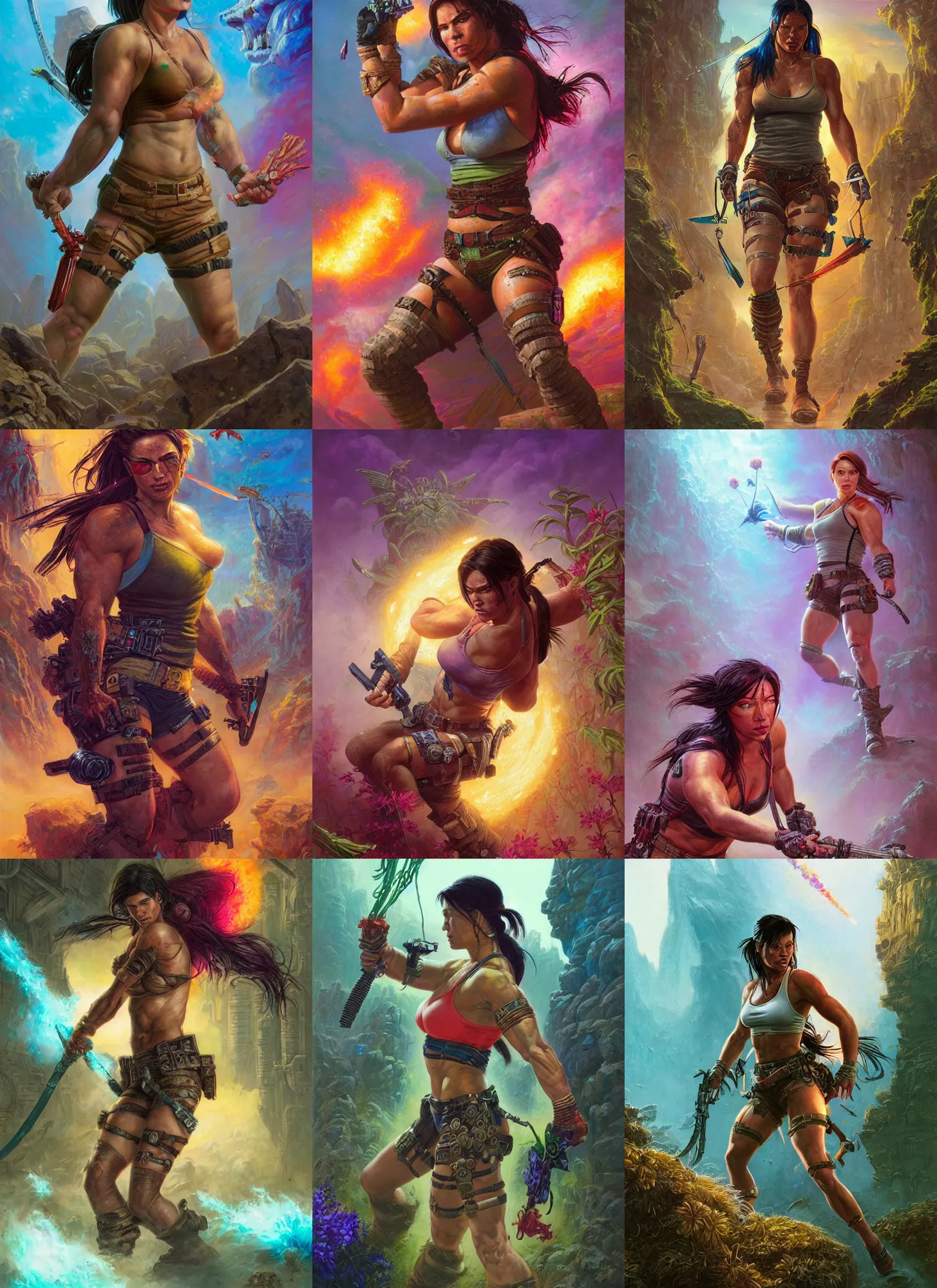 Prompt: epic portrait of muscled cyborg tomb raider, flower, bright colors, biotechnology, powdered explosions, bao pnan, tim hildebrandt, wayne barlow, bruce pennington, donato giancola, larry elmore, featured on pixiv, cinematic composition