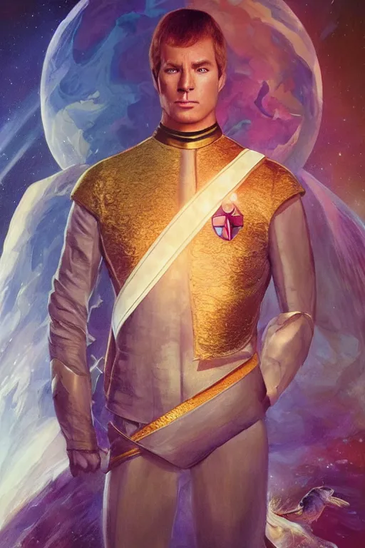 Prompt: portrait photograph of captain kirk as a glorious regal space king, sleek outfit, upper body, fantasy, handsome, depth of field, soft focus, highly detailed, intricate, realistic, national geographic cover, soft glow, textured, artstation, concept art, sharp focus, illustration, art by artgerm and greg rutkowski and alphonse mucha