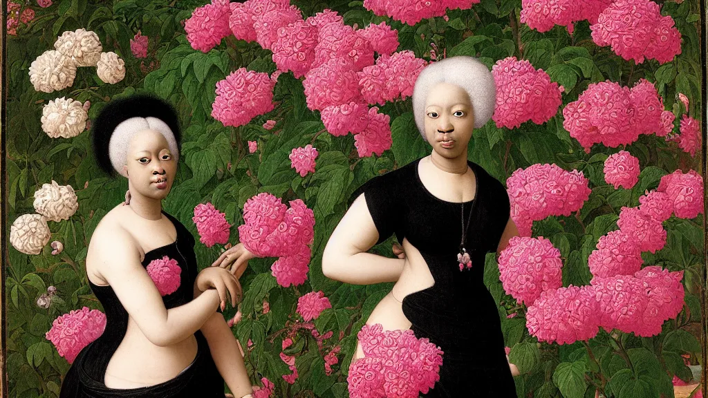 Prompt: portrait of a black woman with pink hair, wearing a black t-shirt, standing in a garden full of flowers, intricate details, high detail, in a renaissance style, super-flat, in the style of Jean Auguste Dominique Ingres, James Jean, punk, Asian art,