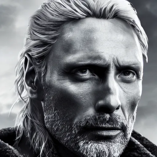 Image similar to mads mikkelsen as Gerald The witcher, concept art, high definition, professional photography, 8k