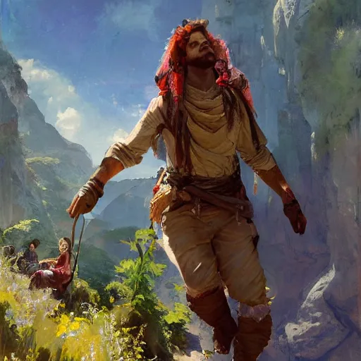 Image similar to oil art of young roma mage adventurer climbing down a cliffside in style of disco elysium character, gipsy jester character design from ravenloft, art by anders zorn, wonderful masterpiece by greg rutkowski, beautiful cinematic light, american romanticism by greg manchess, jessica rossier