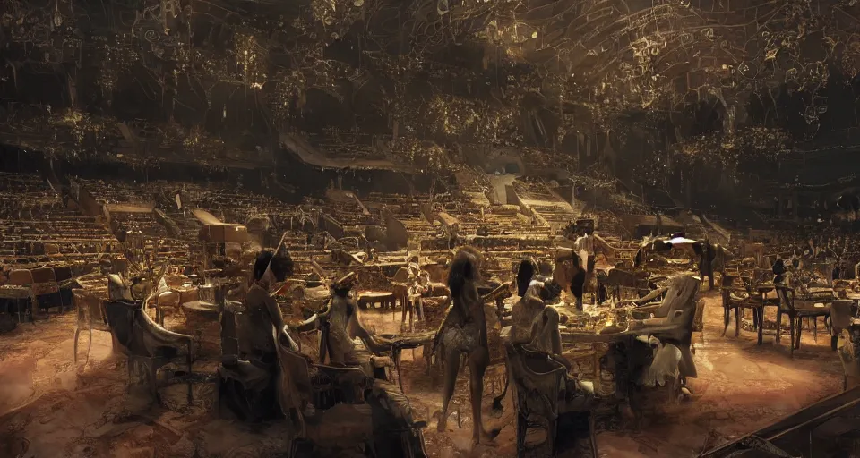 Image similar to craig mullins and ghibli digital art of inside the grand theater, on the stage, masked female violinists, exotic costumes, gold jewelry, black hair, solo performance unreal engine, hyper realism, realistic shading, cinematic composition, realistic render, octane render, detailed textures, photorealistic, wide shot