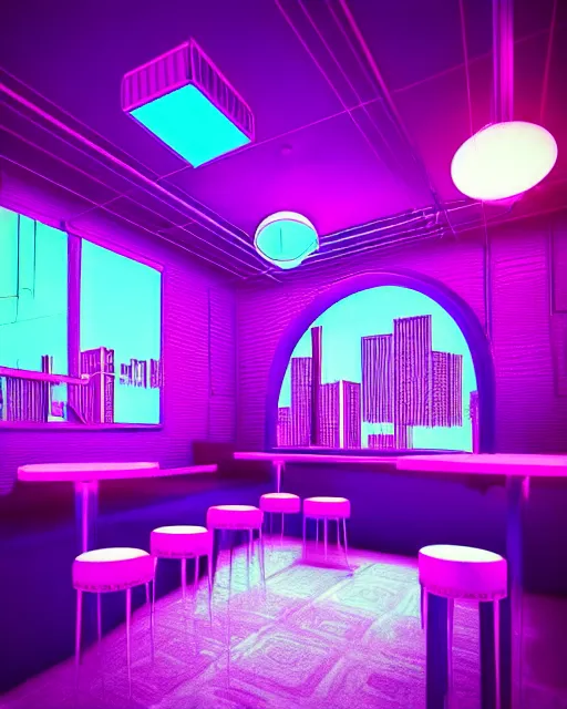 Image similar to synthwave vaporwave maximalist detailed restaurant lofi purple blue retro dreamcore render realistic 3 d by seerlight trending on instagram