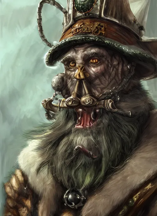 Image similar to a skaven from warhammer fantasy with human eyes and a gray beard, wearing jewelry, tricorne hat, green robe, d & d, digital art, detailed face, highly detailed, trending on artstation, realistic