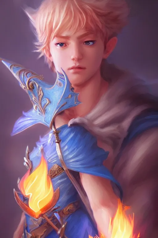 Image similar to legendary fairy prince hold flame staff, blue energy, highly detailed, d & d, fantasy, highly detailed, digital painting, trending on artstation, concept art, sharp focus, illustration, global illumination, ray tracing, realistic shaded, art by artgerm and greg rutkowski and fuji choko and viktoria gavrilenko and hoang lap
