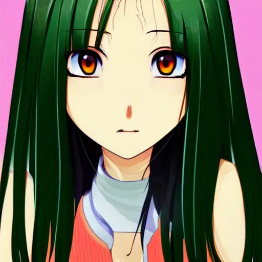 Image similar to a portrait of a anime girl with long dark hair and green eyes, 90s style