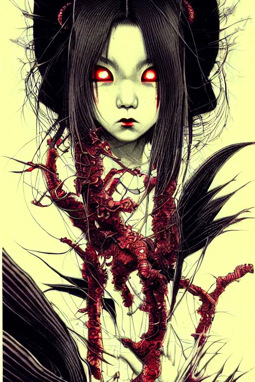 Prompt: japanese vampire girl, character portrait, portrait, close up, concept art, intricate details, highly detailed, eyes, yokai, blood, fangs, claws, cherry blossom, soft light, vintage sci - fi poster, in the style of chris foss, rodger dean, moebius, michael whelan, and gustave dore