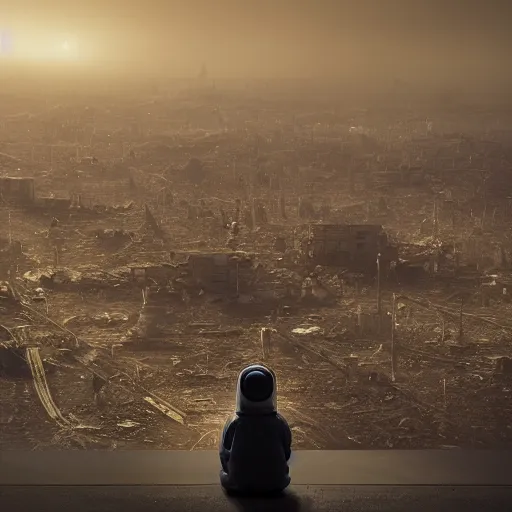 Image similar to a beautiful award-winning photo of the last man on Earth wearing a hazmat suit, sitting, serene post-nuclear background on the horizon, a mirage of a skyline of a destroyed city, numerous fires, volumetric lighting, hazy, a mothership hovering high up in the sky, very high quality, extremely detailed, subtle visual noise, 8K