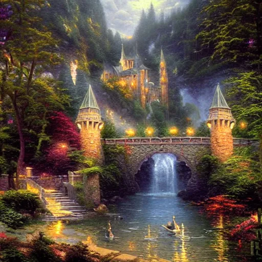 Prompt: Thomas Kinkade painting of rivendell