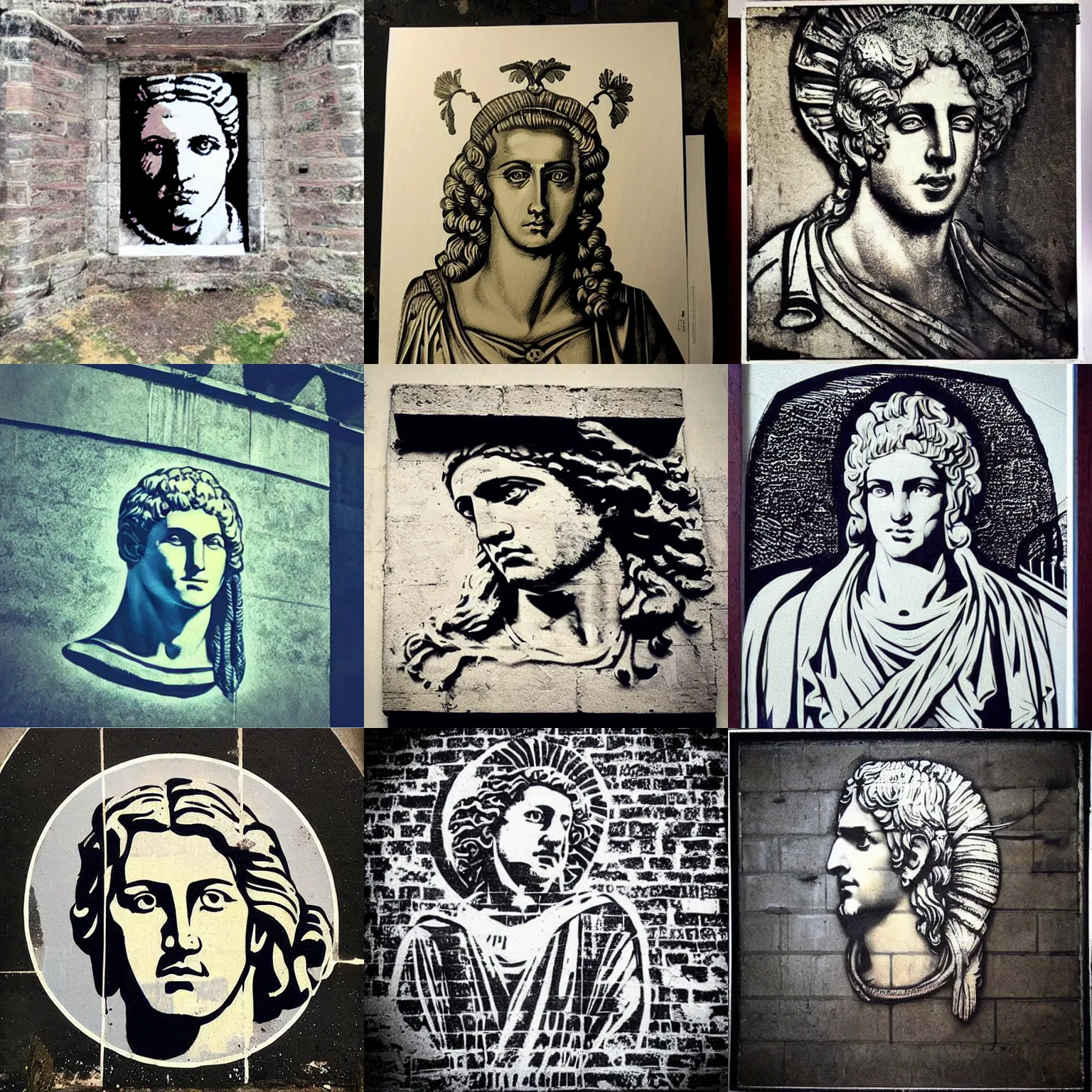 Prompt: “Stencil print portrait of Apollo on the city wall, stunning, award winning work”