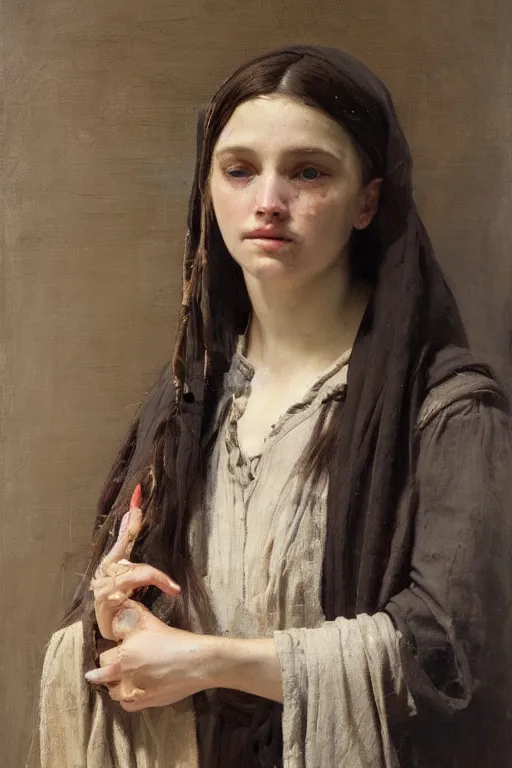 Prompt: Richard Schmid and Jeremy Lipking and Antonio Rotta full length portrait painting of a young beautiful traditonal bible character Mary Magdalene woman